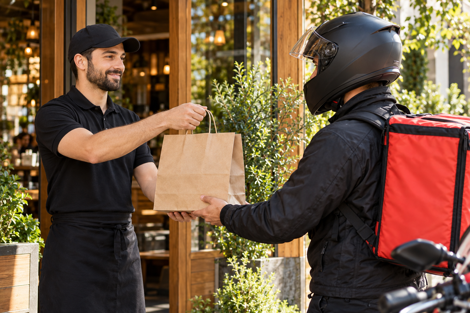 Restaurant employee handing a takeaway order to a delivery courier