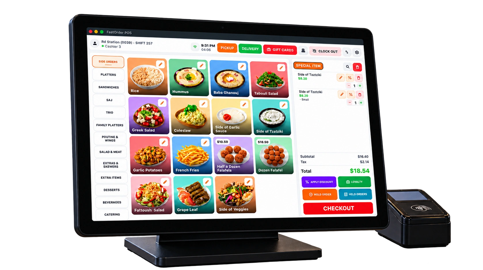 FastOrder POS running on a restaurant counter touchscreen
