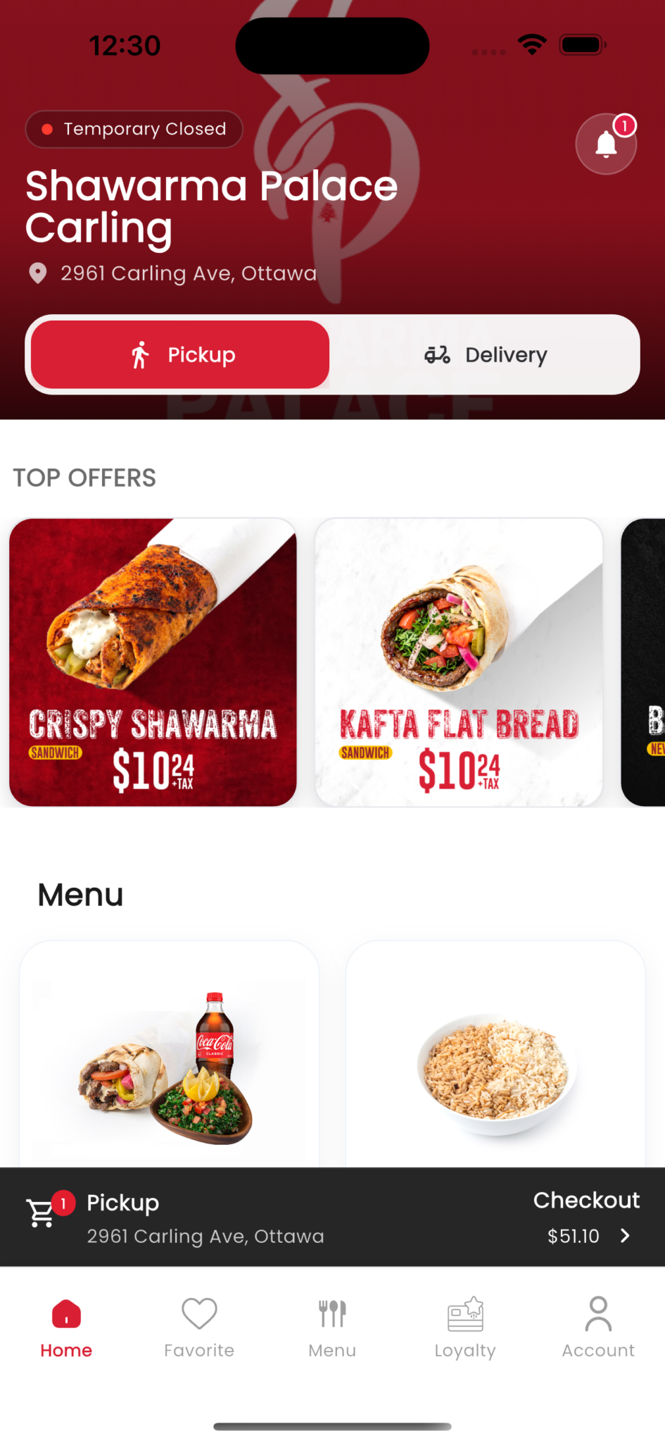 Shawarma Palace Carling mobile ordering app with pickup, delivery, top offers, menu, checkout and loyalty